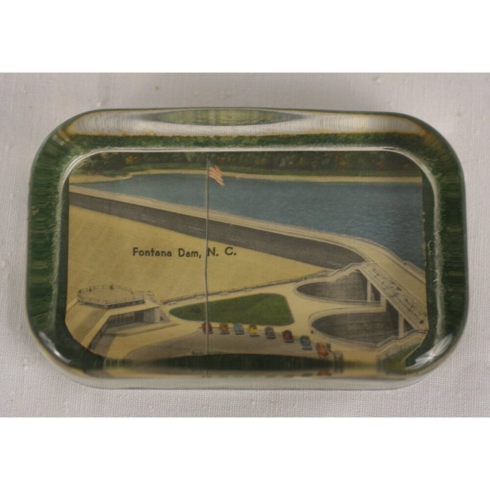 VTG Fontana Dam NC Glass Paperweight Scenic Souvenir 1940s-1960s Smoky Mountains